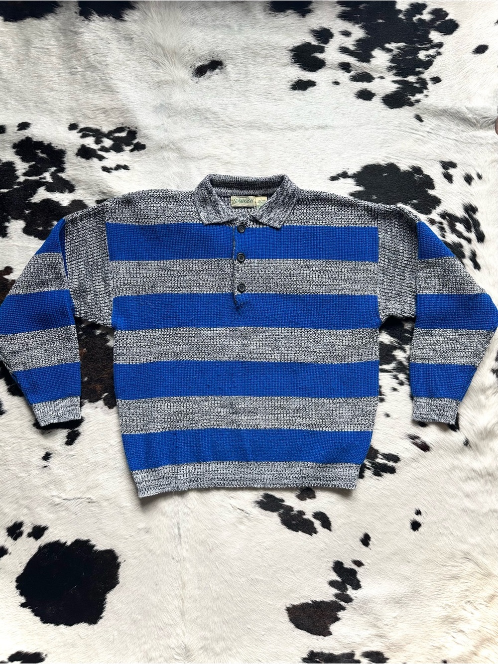 Vintage 90s St John’s Bay Blue and Gray Striped Knit Polo Sweater